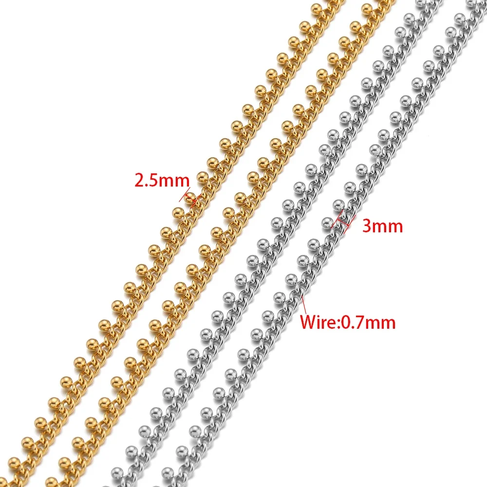 1Meter Stainless Steel Curb Link Chains with Gold Drop Ball Crafts Beaded Chain Bulk DIY Jewelry Necklace Anklet Bracelet Making