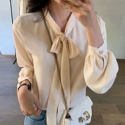 Autumn Long Sleeve Bow Tie Collar Shirts Casual Tops Spring Women Solid Blouse Elegant Office Ladies Shirts blusen damen 8188