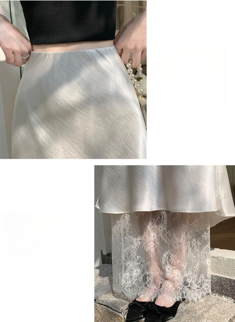 2026 Sommer Herbst Neuer Schlanker Hochwertiger Modischer Halbrock Eleganter Spitzenbesatz Satin Seitenschlitz Damen Midi-Rock – Detail 3