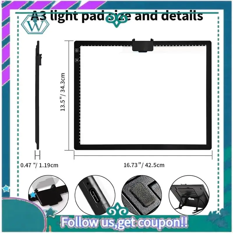 A75Q-Rechargeable A3 Light Pad For Diamond Painting,Tracing Light Box With Stand And Clip,3 Colors Stepless Dimmable