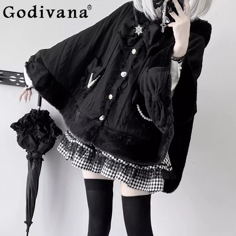 

Оригинальный субкультура, готический черный плащ с капюшоном, осень-зима, однобортная короткая куртка с милым бантом для девочек, женская накидка в стиле Лолиты Y2K