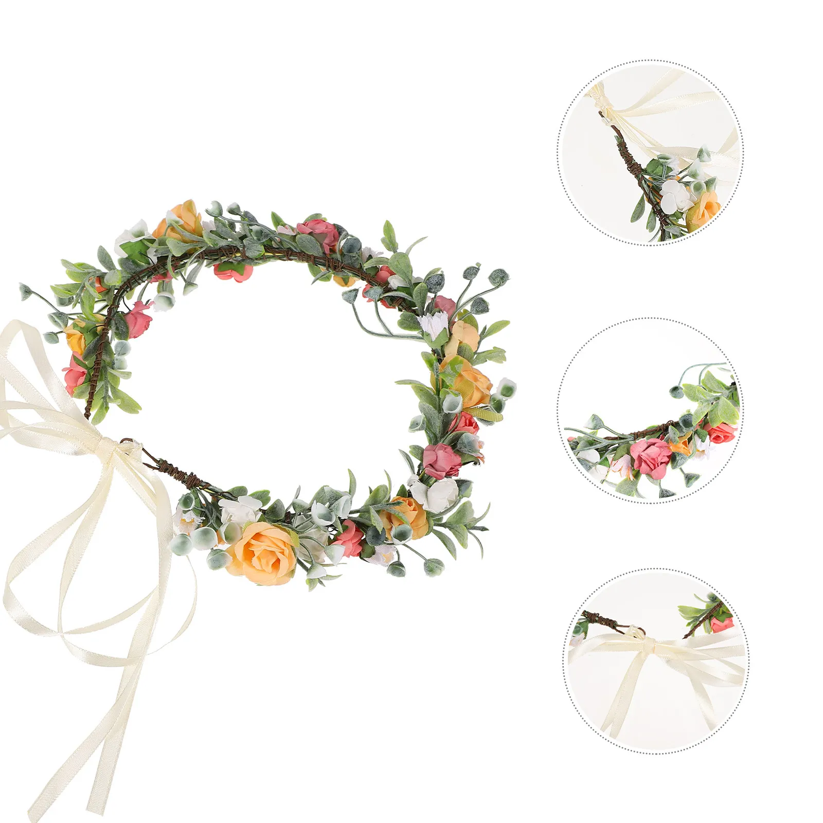 1Pcs Simulation Colorful Floral Wreath Adjustable Ribbon Flower Hair Wreath Bride Hair Garland Wedding Party Headband