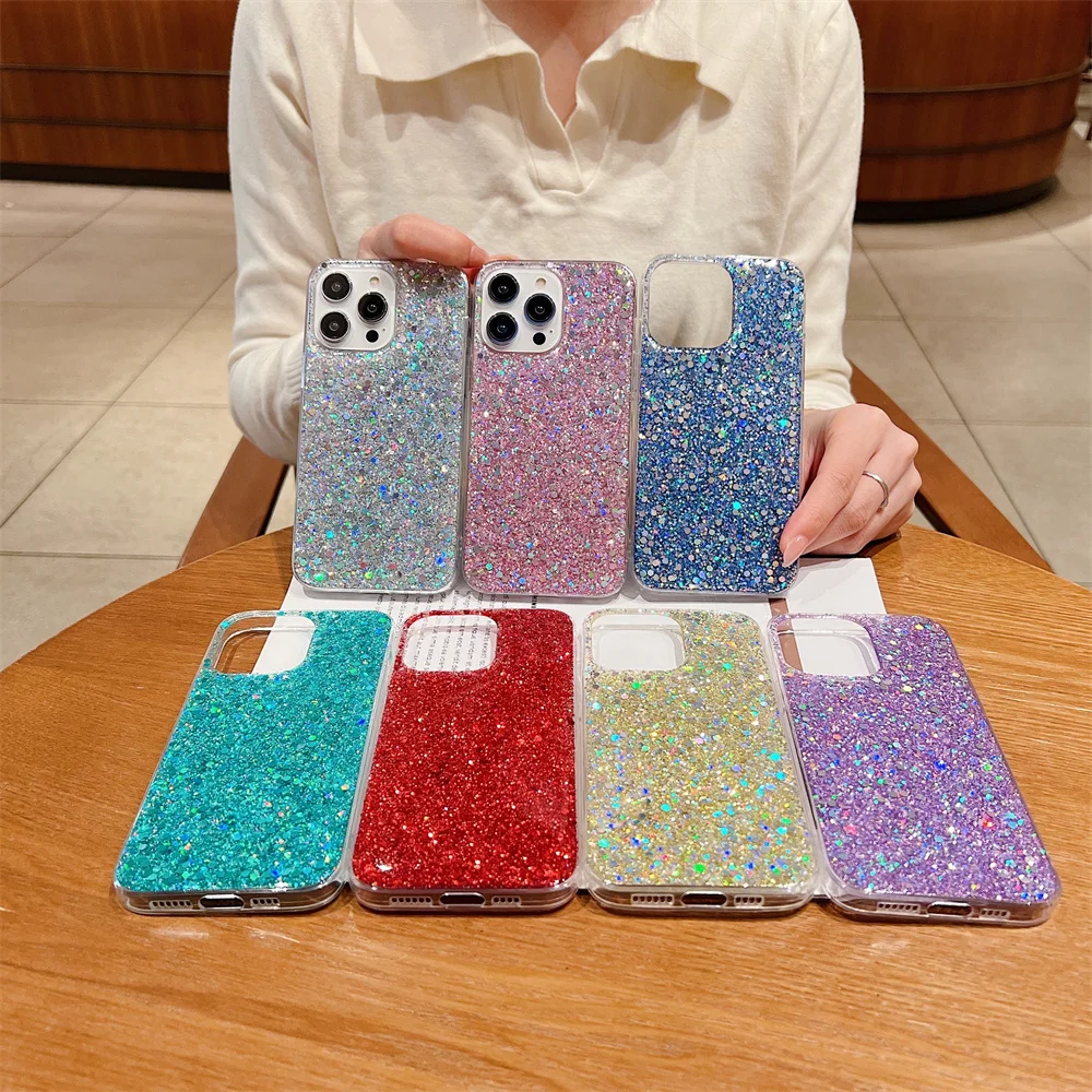 Bling Glitter Phone Case For iPhone 15 14 Plus 13 12 11 Pro Max Mini 6 6S 7 8 Plus X XR XS Max Shiny Sequins Soft Silicone Cover