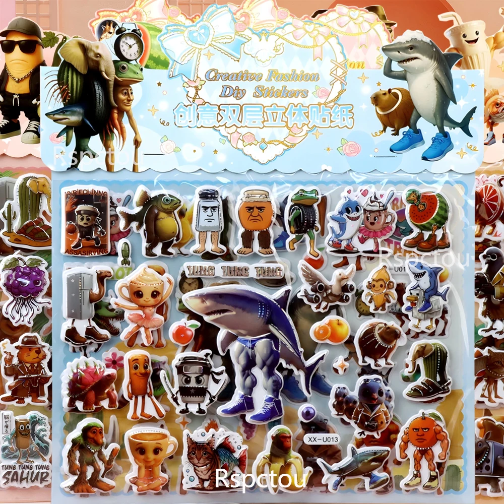 

1PCS Tung Tung Tung Sahur Double Layer Three-dimensional Stickers Italian Brainrot Cartoon Creative Animals Bubble Decals Pack