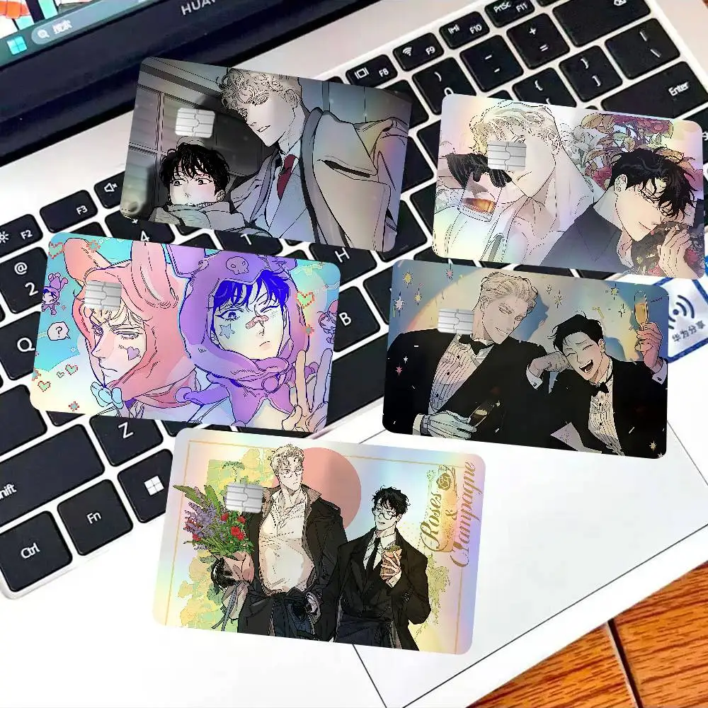 Korean Manhua Roses and Champagne Gradient Laser Bank Card Stickers Waterproof Trendy DIY Accessories