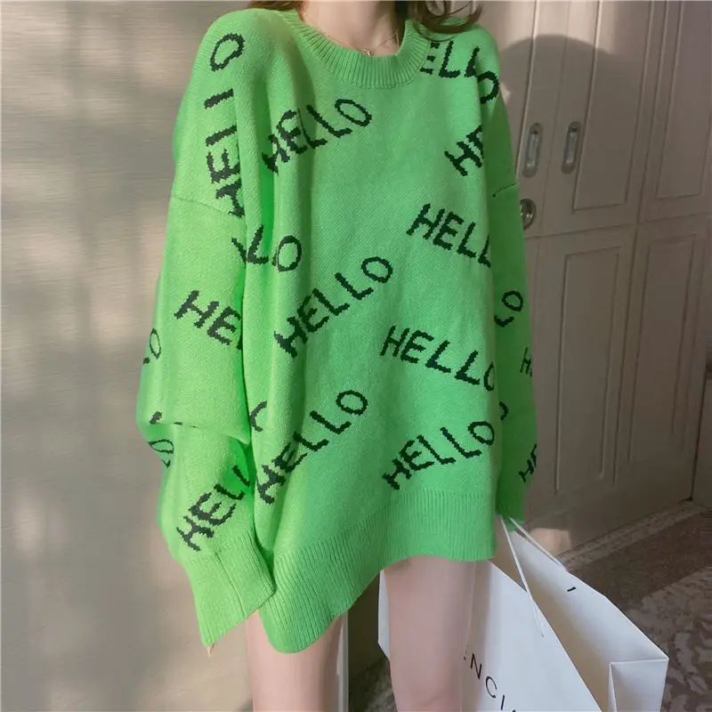 Women Autumn Winter Fashion Simplicity Printing Color Blocking O-neck Knitting Women Clothes Fashionable Loose Pullover Sweater