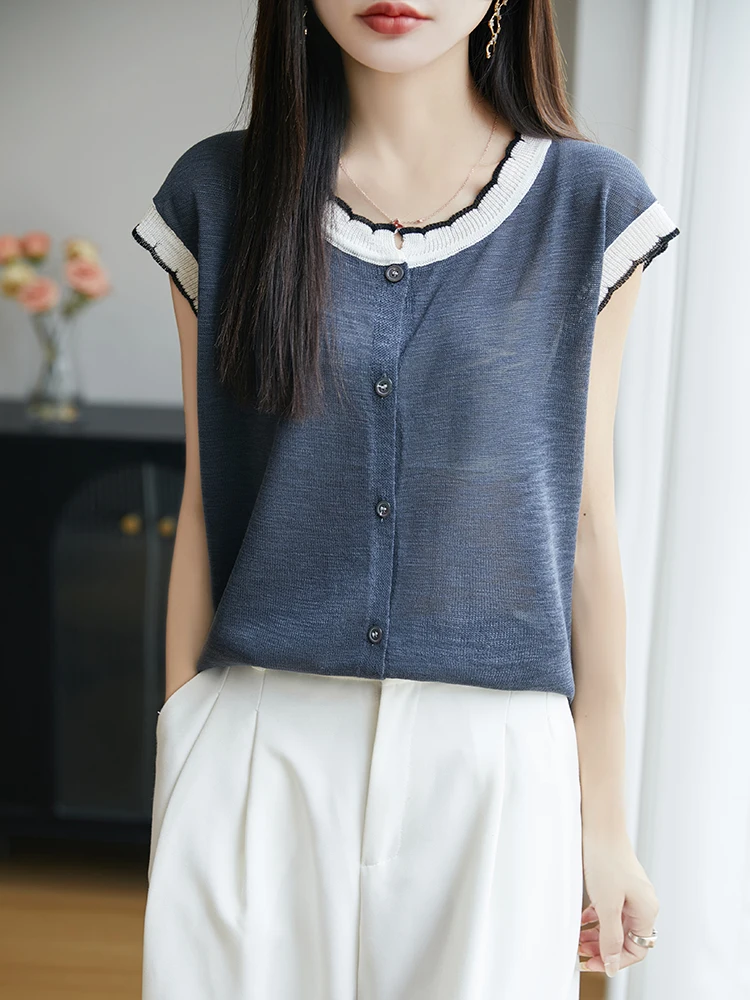 

Loose Casual ort Sve round Ne Pullover Women's T-irt Summer New Sle Color Blo Open Cardigan Svel Top