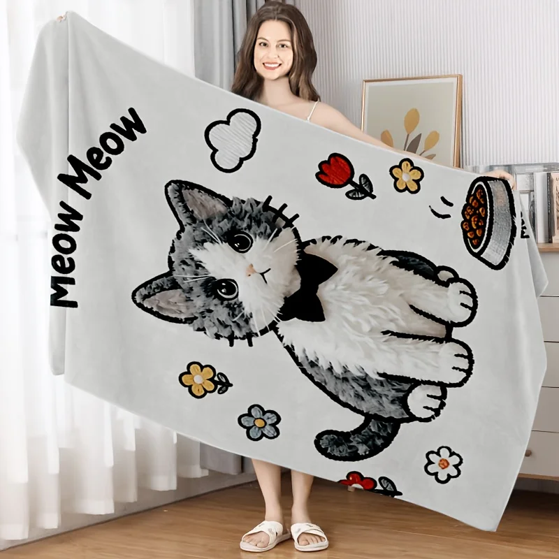 1pc Ultra‑fine Fiber Printed Beach Bath Towel, Cute Cat Pattern Comfortable Absorbent Large Towel for Daily & Beach Use