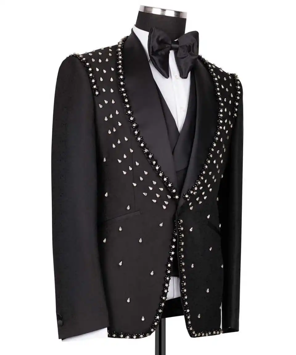 Tuxedos de mariage avec perles noires personnalisées pour hommes, revers châle, vêtements de marié en cristal, fête d'affaires, veste et pantalon d'anniversaire, olympiques 2 pièces