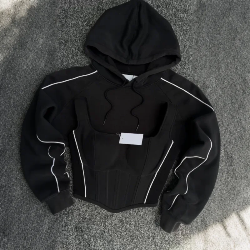 

Two Piece Hoodie Corset Set Custom Sporty Streetwear Y2K Style Adjustable Drawstring Rib Lace Up Fashion