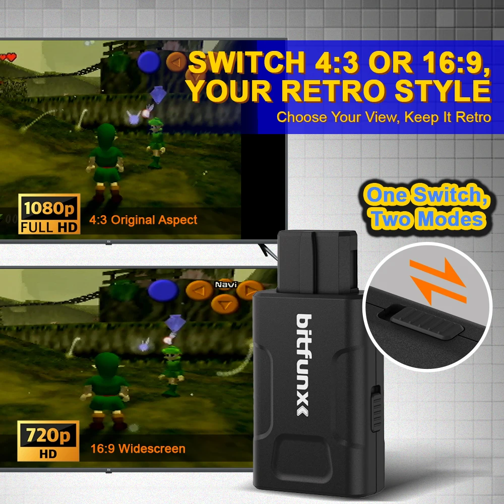 BitFunx 720P 1080P Mini-HDMI ™ Adapter für N64/SNES/SFC/NGC 4:3/16:9 Auto-Switching S-Video Composite Video Converter – Detail 2