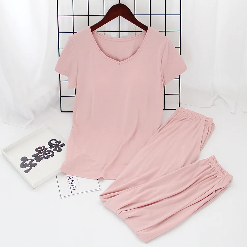 

Modal Thin With Chest Cushion Two Piece Sleepwear Women's Pajamas Summer New Short Sleeve Trousers Sets Pyjama Homewear
