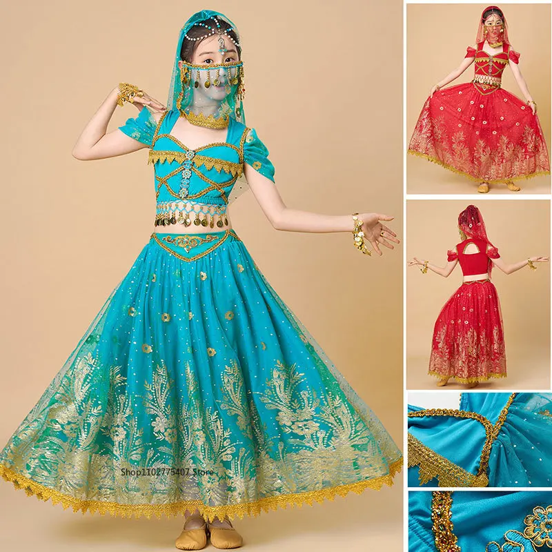 أطفال الأميرة مهرجان تأثيري الرقص الشرقي أعلى اللباس مجموعة الهندي العربية ساري الفتيات الياسمين زي بوليوود الطفل الهذيان الزي #5