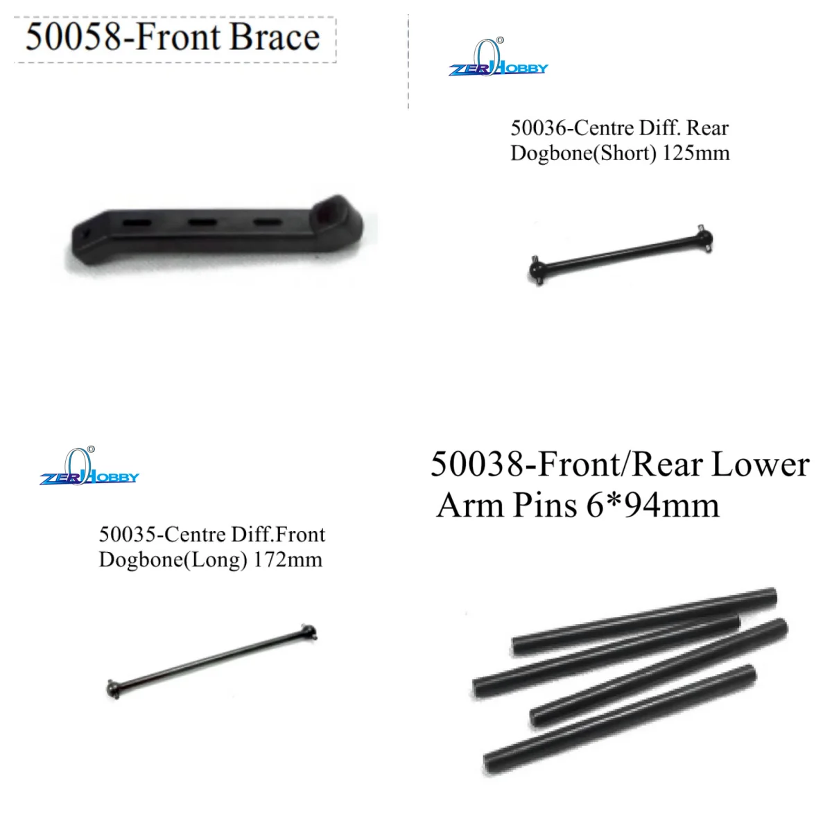 HSP accessories 50058-Front Brace Dogbone-50036/50035 50038-Front/Rear Lower Arm Pins 6*94mm T FOR 1/5 GAS TRUCK 94050