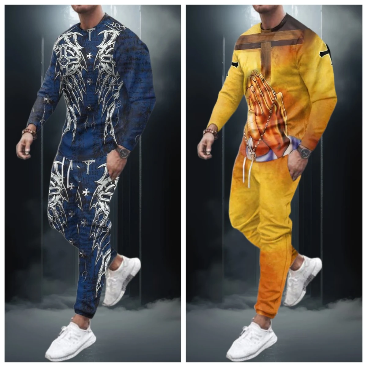 

25 Latest Explosive Suits 3D Printed Ethnic Style Hunting Graffiti Men's Fashion Trend Long Sleeve T-Shirt Pants Set for Adults
