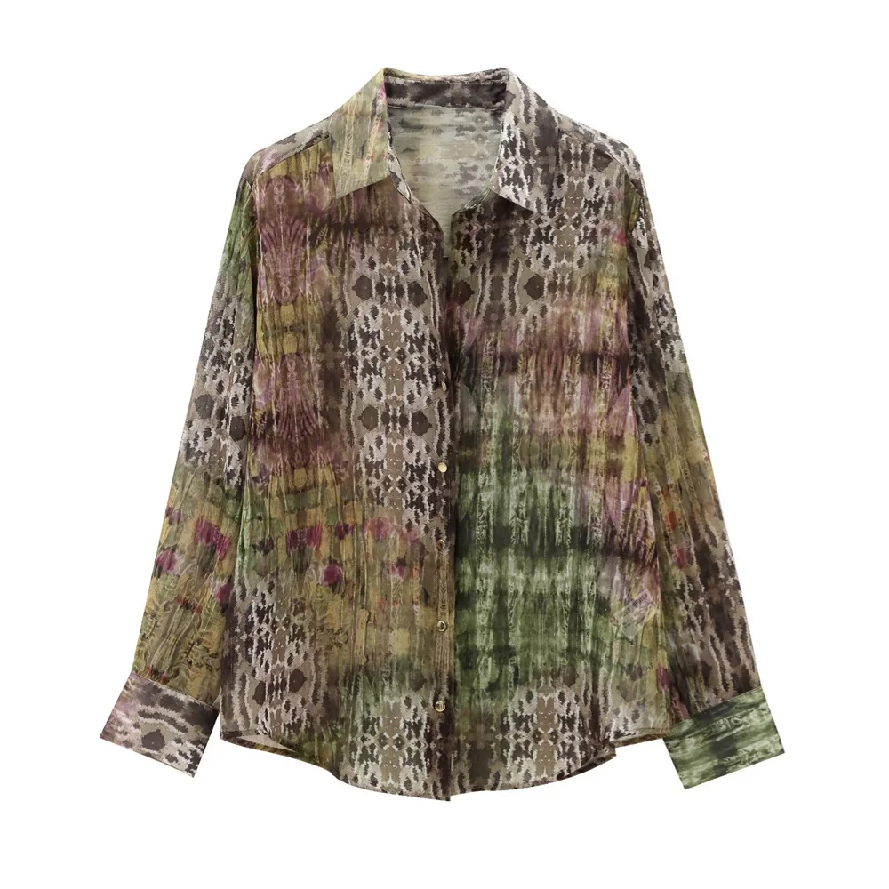 TRAF Autumn new women\'s clothing casual temperament metal color line printing design long sleeved lapel multi-color shirt
