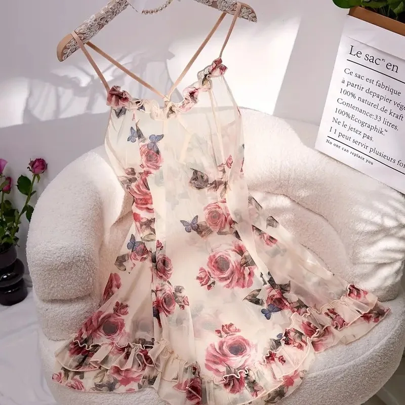 

Nightdress Women's Suspender Print Nightdress Lace Lace Pure Desire Temperament Sexy Pajamas New Loungewear Thin Dress Quick-dry