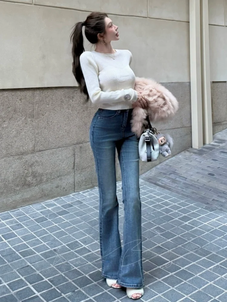 

Retro High Waist Slim Fit Women's Jeans Elastic Micro Flared Denim Pants Waed Blue Enhance ape Cotton Stretch Fabric