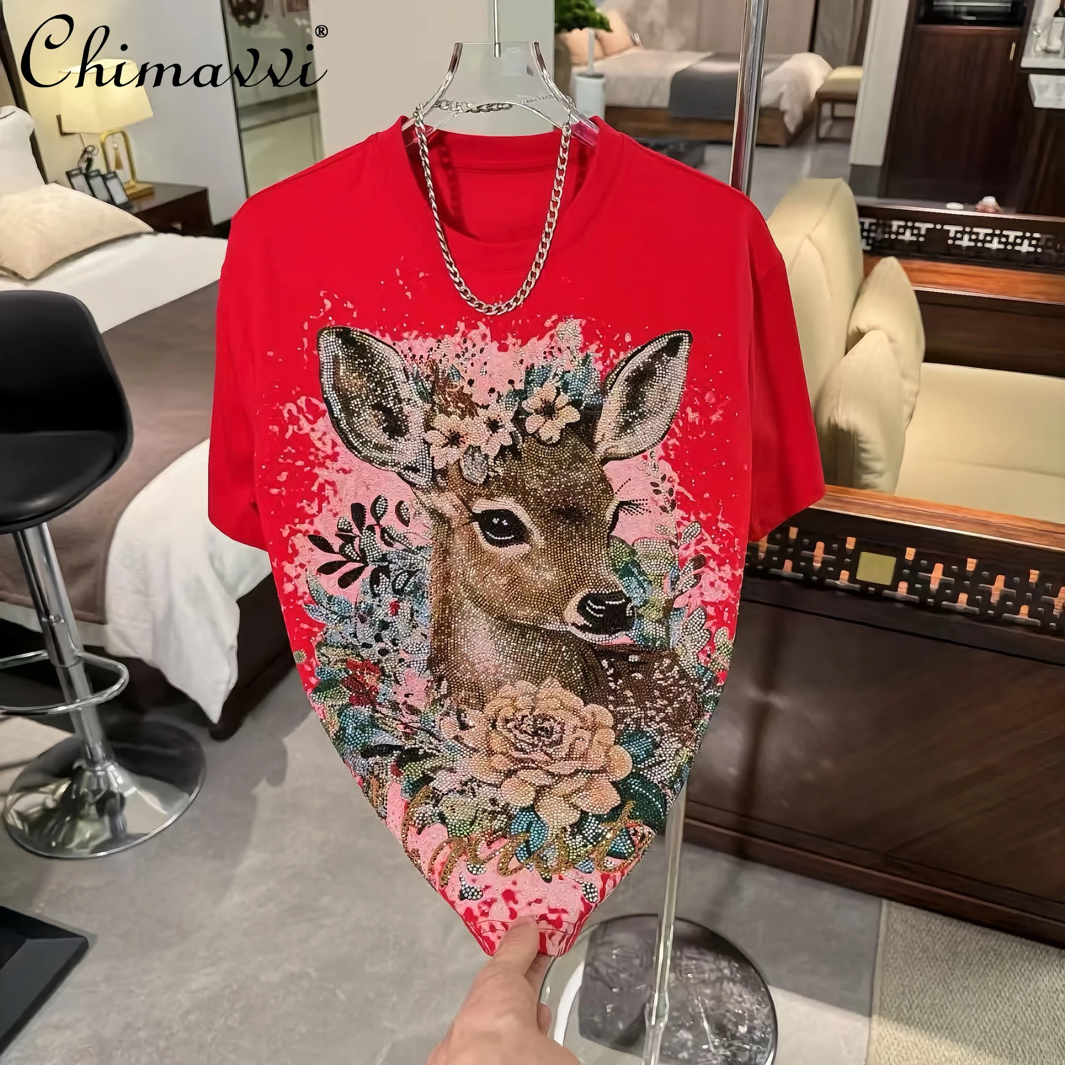 Spring and Summer New Heavy Flower Deer Hot Diamond Loose Round Neck Short-sleeved T-shirt Men's Fashion Handsome Versatile Tops