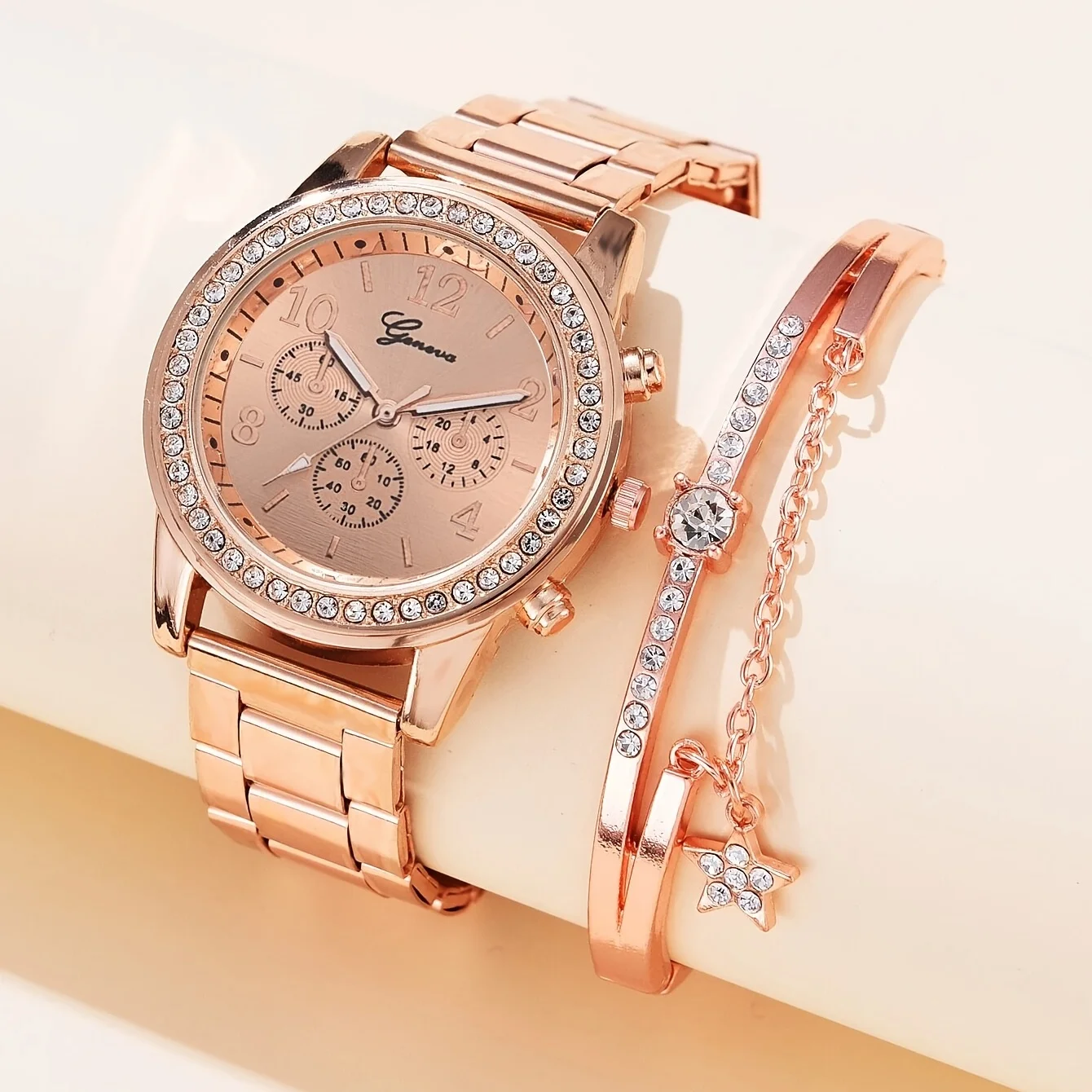 1pc Round Pointer Alloy Strap Quartz Electronic Watch & 1pc Star Rhinestone Bracelet