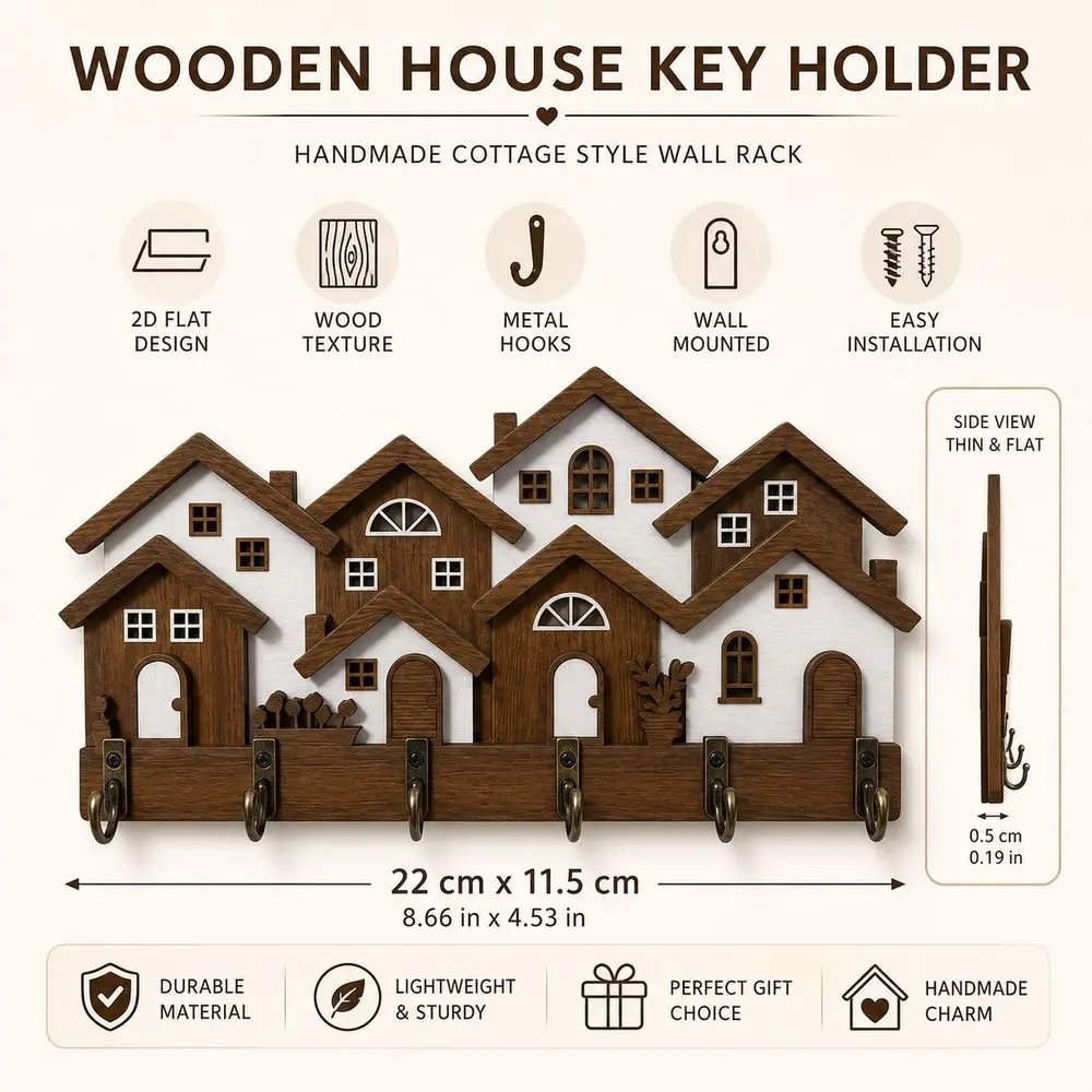 New Wood Wooden Key Holder 2D Flat House Shape Wall Key Rack Wall Mounted Colorful House Key Holder Home Wall Decor
