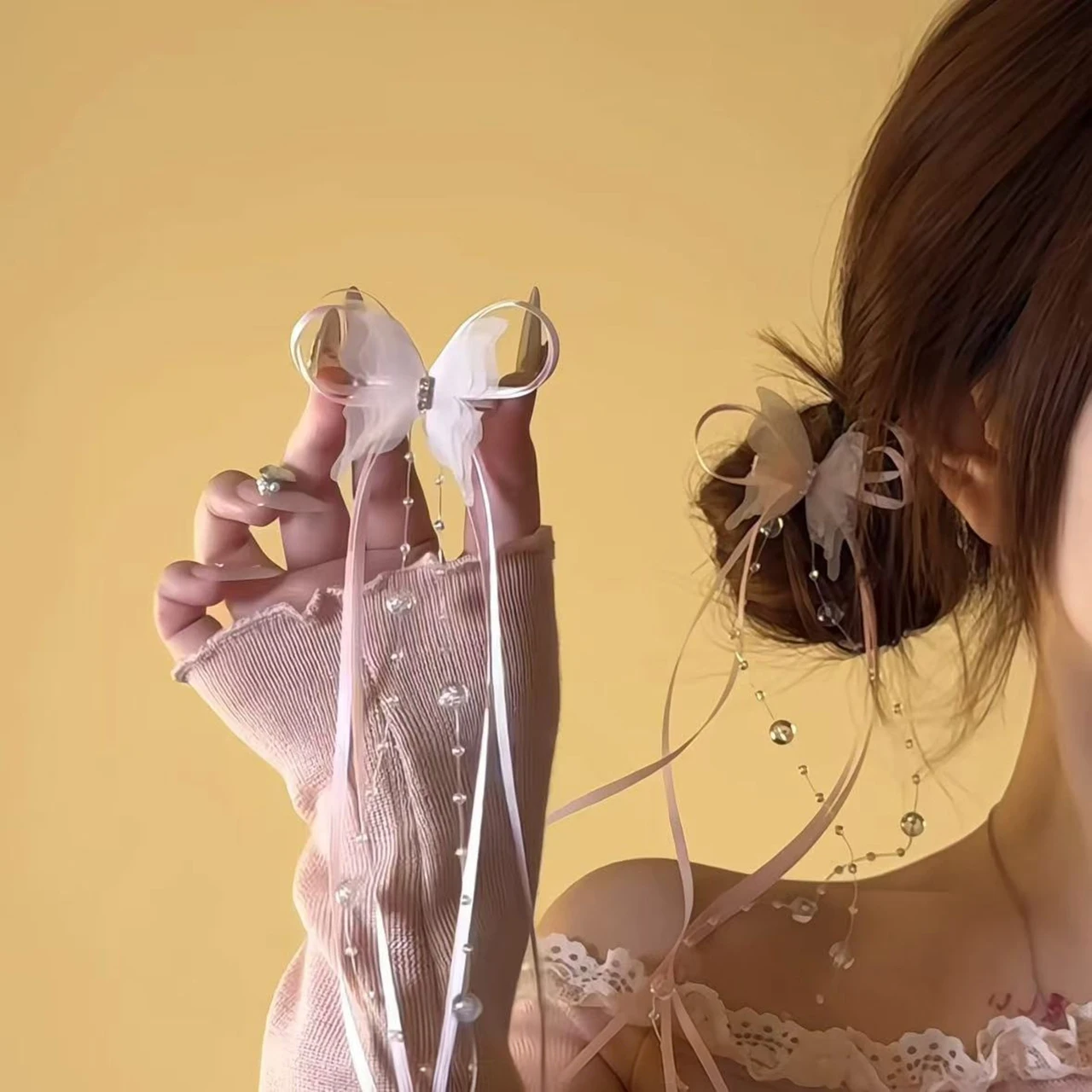 

Набор из 2 заколок для волос: бабочка с лентой и плетеная цепочка с жемчугом, украшения для волос для женщин и девушек, милые заколки-звездочки