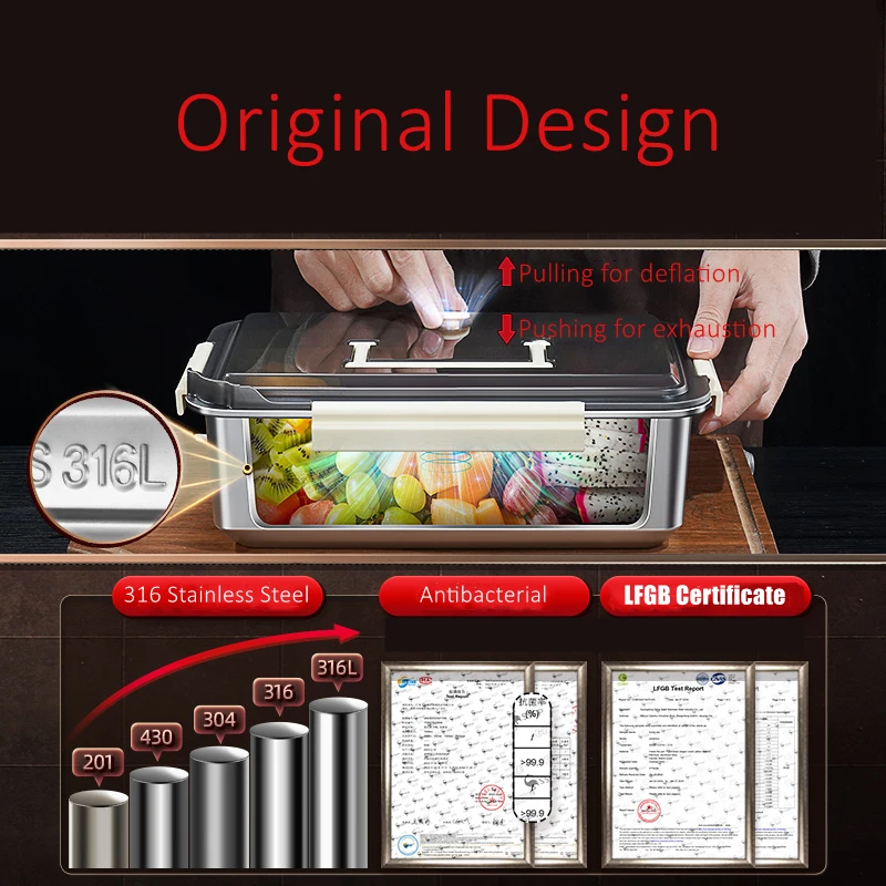 Luxury LFGB Certificate 316L Stainless Steel Anti-bacterial Picnic Food Box for Fridge Storage Case Camping Fresh Keep Crisper