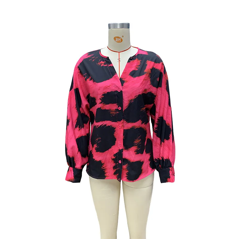 BAMBOOBOY Leopard Print Shirt Women Long Sleeve Woman Fashion Summer Top Female V-Neck Elegant Rose Red Blouses