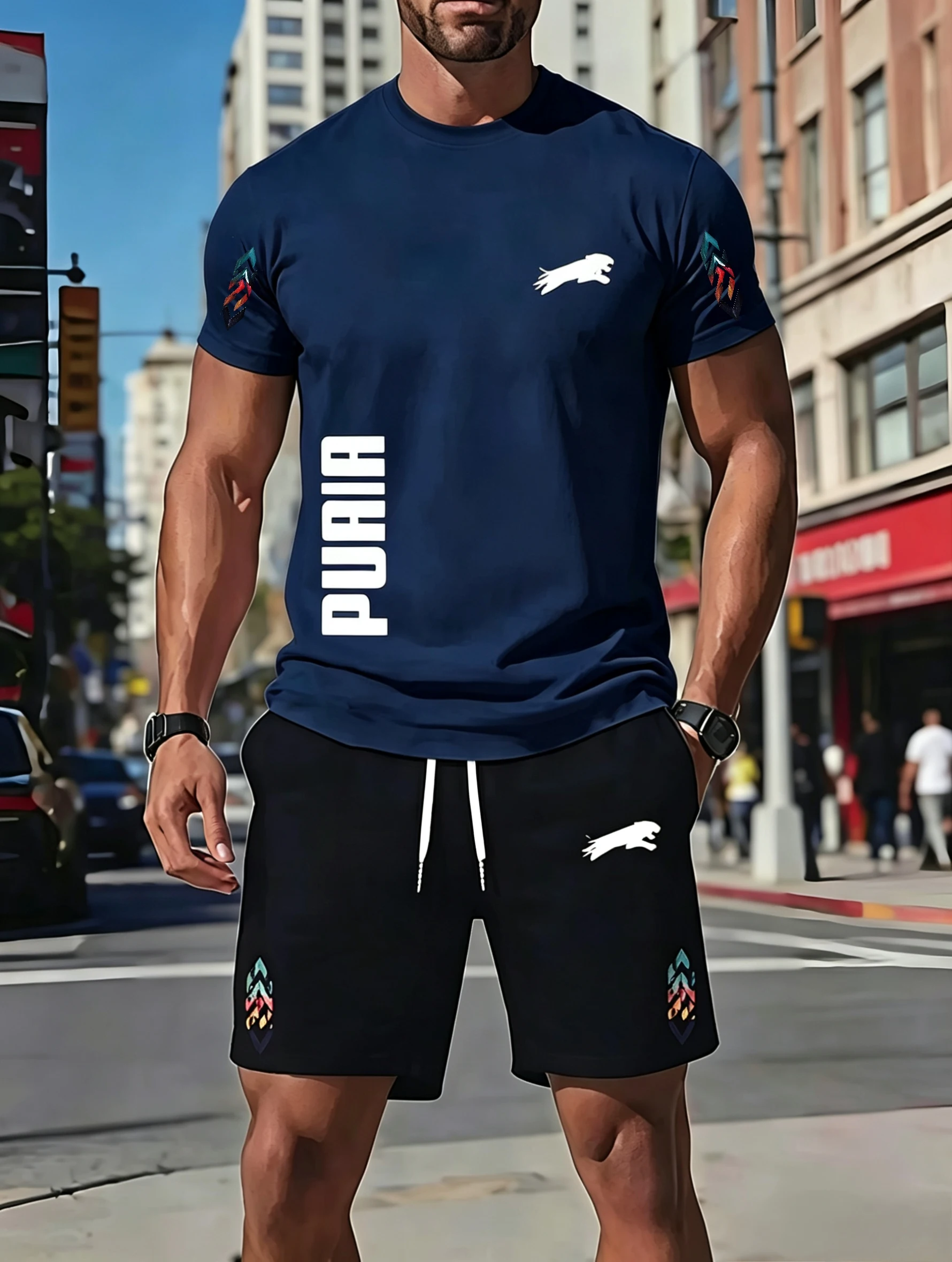 2026 men's casual sports two-piece set, fashionable printed short sleeved and shorts, running sports short sleeved set