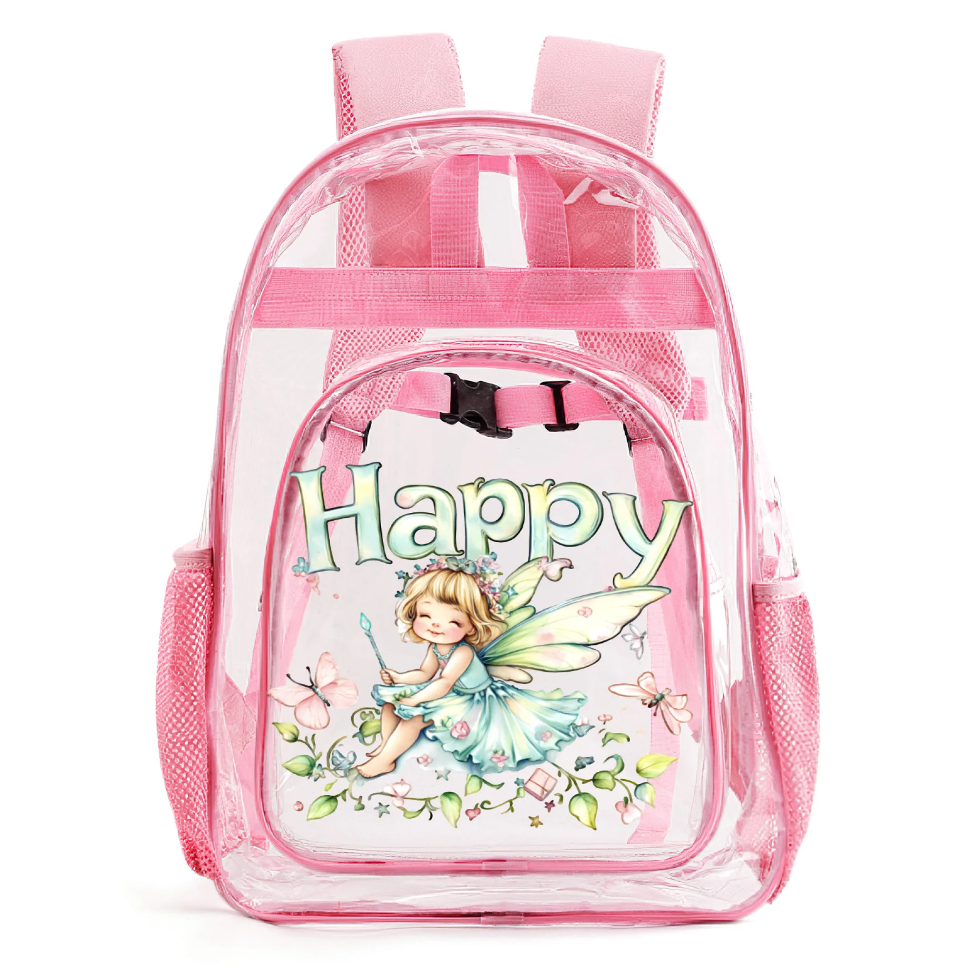 16inch Children PVC Transparent Happy Fairy Butterfly Print Backpack Pink School Bag for Cheerful Events,Daily Use,Backpack Gift