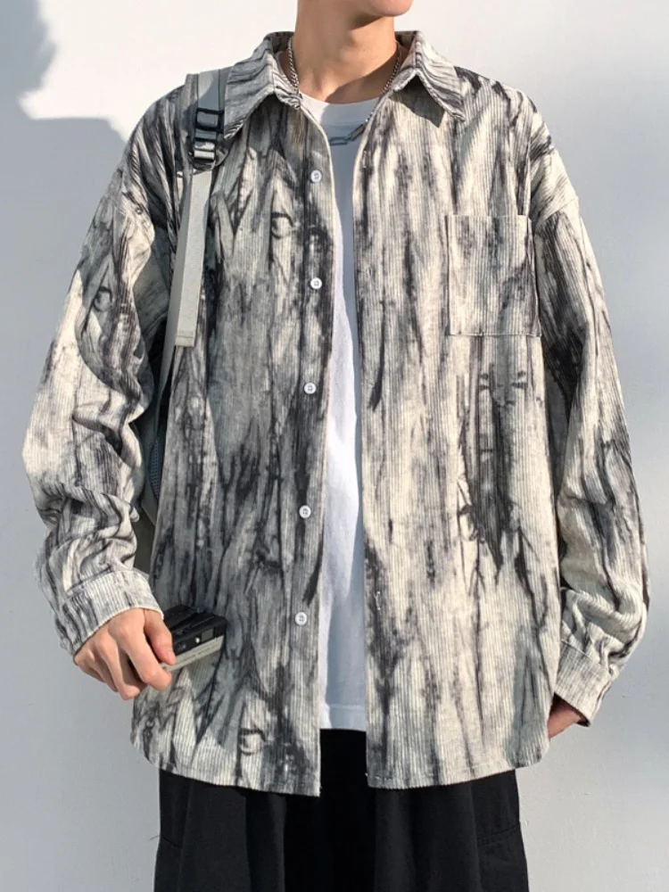 

Мужская модная рубашка-куртка в американском ретро-стиле с длинным рукавом, отложным воротником и градиентным узором, новинка весеннего сезона