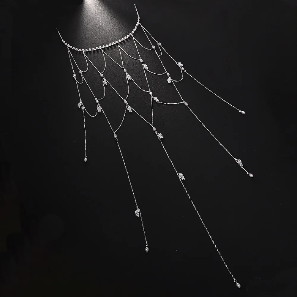 Marquise Cut Zircon Leaf Hair Net Luxury Bridal Chandelier Tassel Back Crown Radiant Diamond Look Wedding Styling Ornament view 4