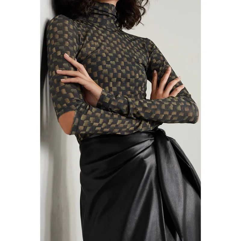 

Венгерская женская футболка Nanu с высоким воротником и длинными рукавами, с принтом, приталенная, базовая, для повседневной носки, из полиэфирного волокна