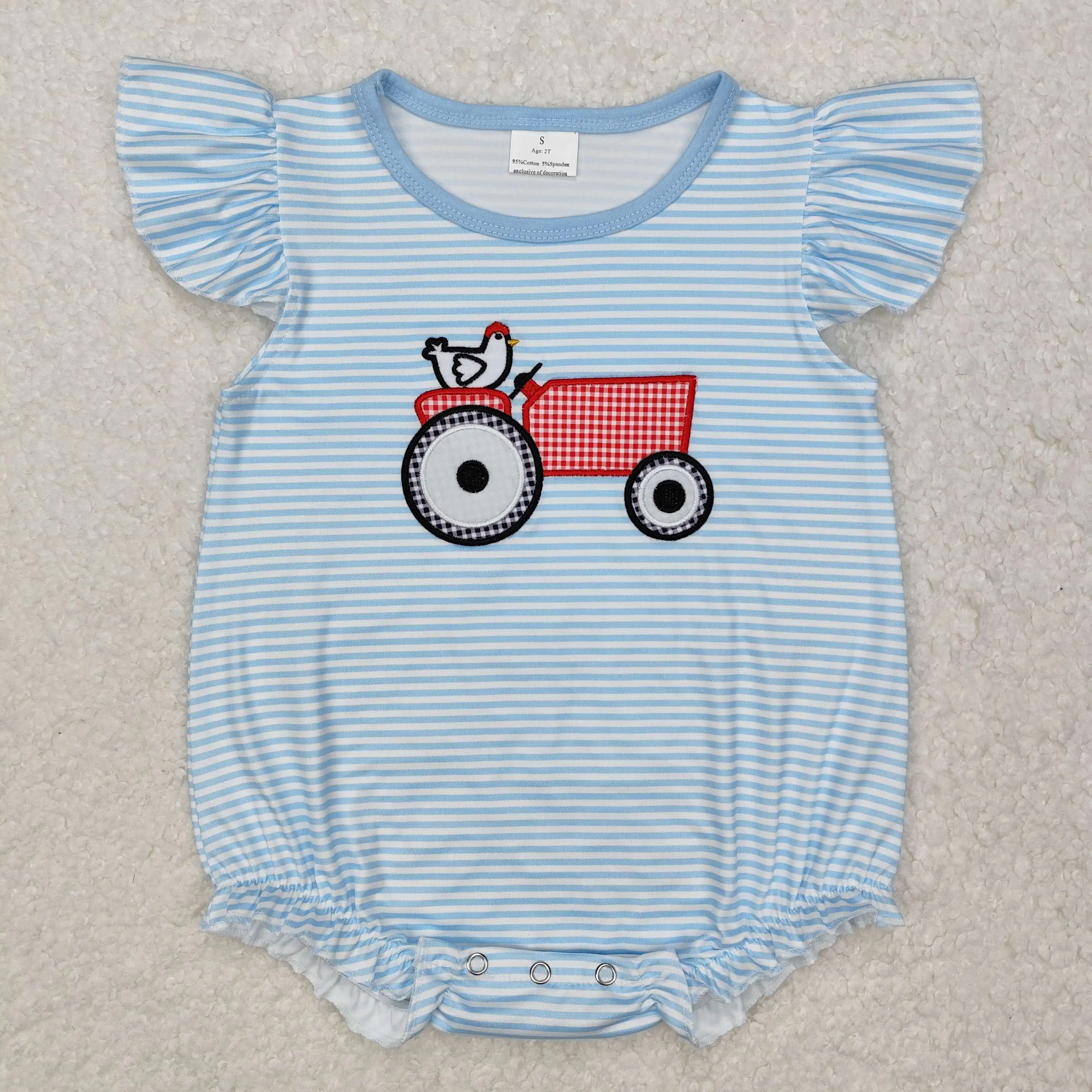 New rts baby girls summer romper wholesale boutique embroidered chick tractor blue striped vest girls onesies