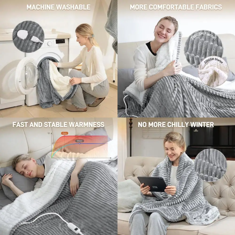 

King Size 100x90 Electric Flannel Blanket with 10 Timers, 6 Heat Levels, Washable and Overheat Protection - Gray