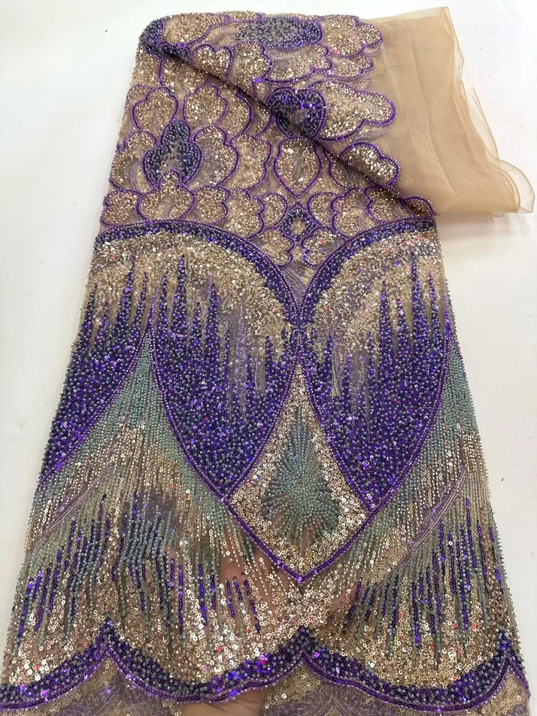 

African Beads Lace Fabrics Sequin Lace Fabric 5 Yards High Quality Purple Lace Fabric Nigerian Wedding Dress For Woman Sewing