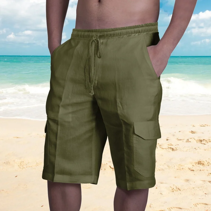 Pantalones cortos de lino para hombre, Pantalón cargo de playa con cuerda, estilo multibolsa, novedad