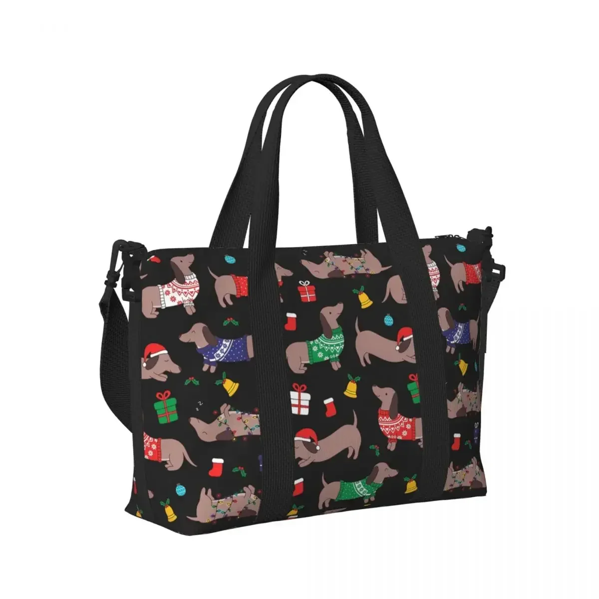 

Christmas Sweater Dachshund Dog On Black Beach Travel Bag Large Capacity Tote Bags for Yoga Women Shopping Duffle Shoulder Bag