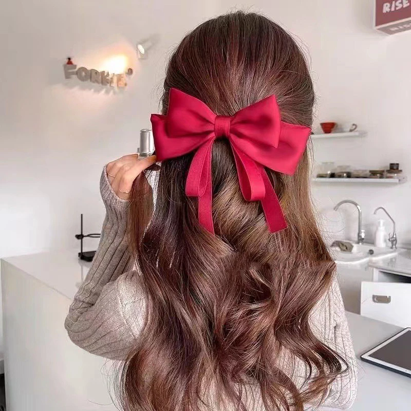 Elegant Bow Ribbon Hair Clip Solid Color Bowknot Satin Hairpin for Women Headdress Girls Ponytail Clip Hair Accessories