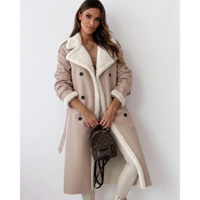 Women Fashion Autumn Winter Faux Fur Thick Warm Jacket Ladies Long Sleeved Lapel Collar Elegant Soft Coat Outwear