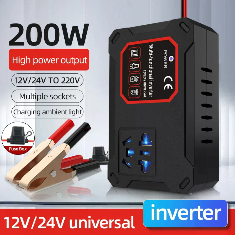 

Автомобильный инвертор 200 Вт, 12 В/24 В в 220 В, преобразователь зарядного устройства, адаптер, универсальная розетка, портативный автомобильный инвертор, устанавливаемый на автомобиле