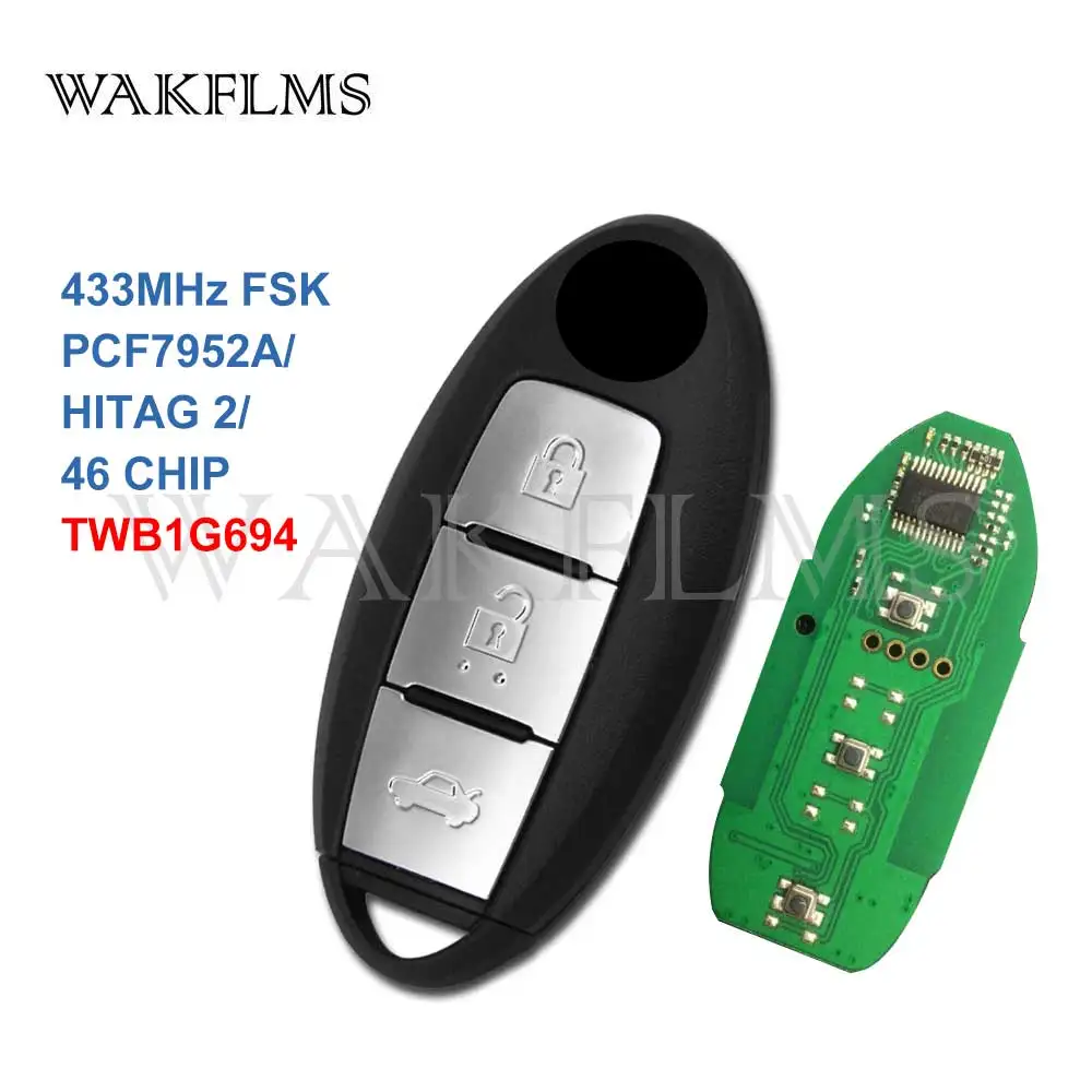 3 Buttons 433MHz FSK PCF7952A / HITAG 2 / 46 CHIP TWB1G694 Proximity Keyless Go Smart Card Remote Key Fob for Nissan Lannia 2016