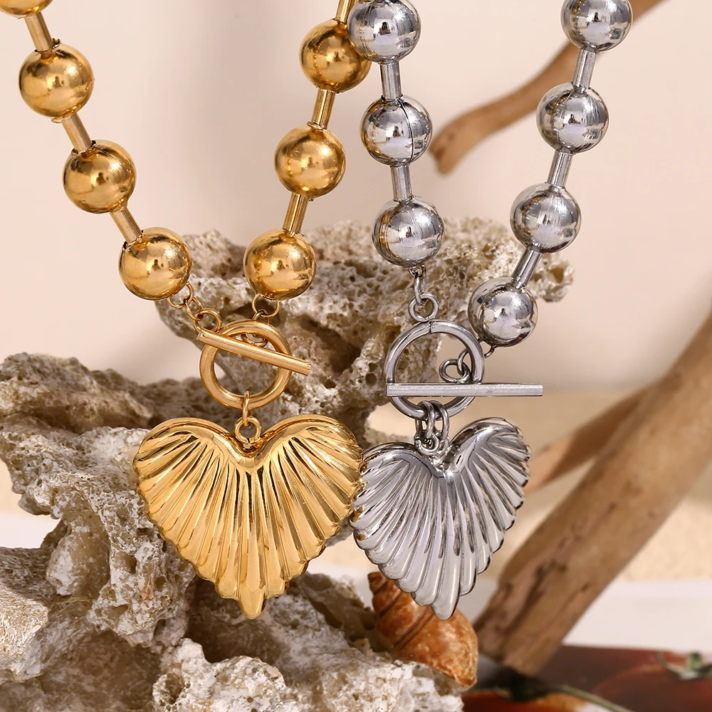 E.B.belle – collier en forme de cœur rayé, boucle OT, chaîne de perles rondes de grande taille, plaqué or 18 carats, bijoux en acier inoxydable pour femmes