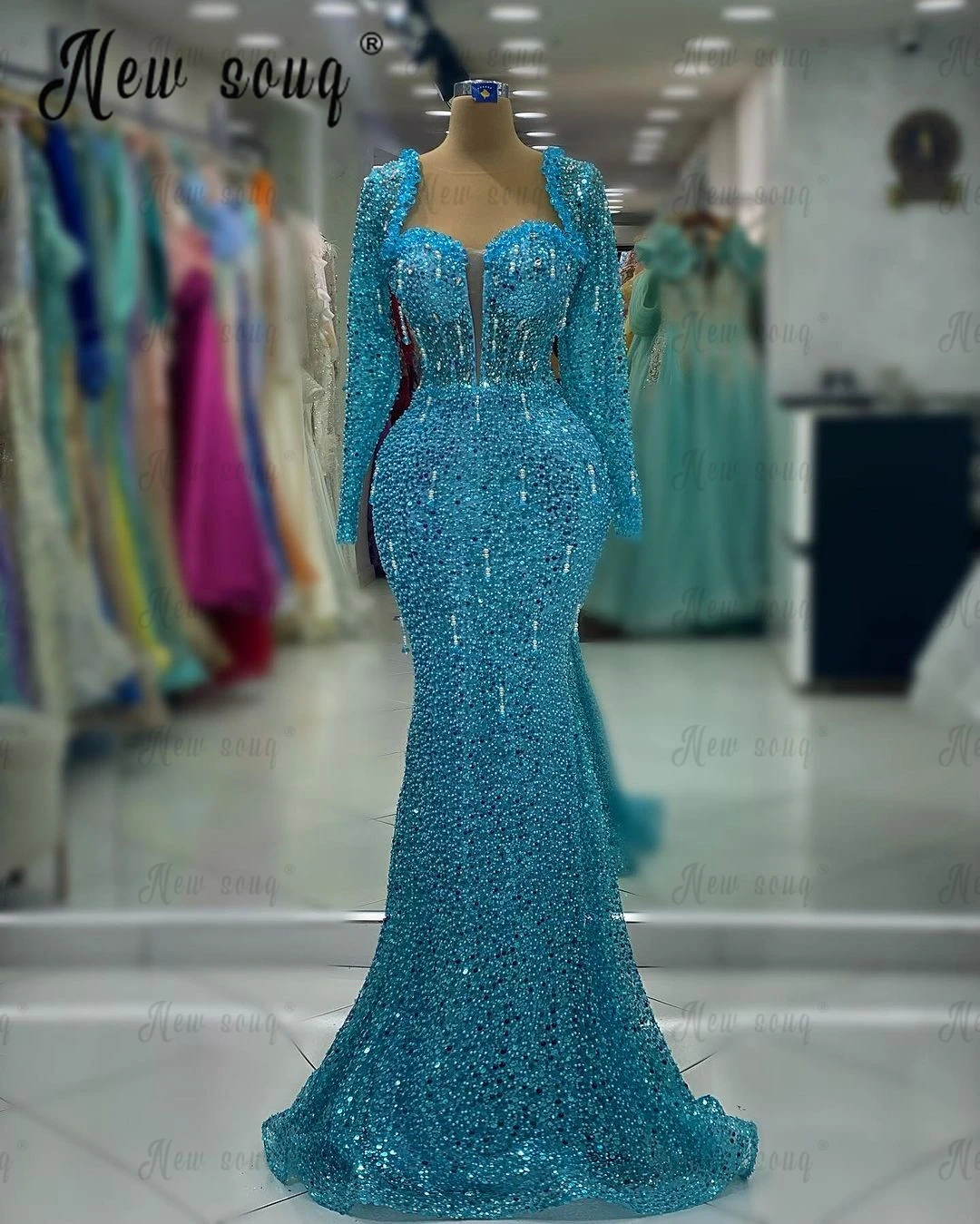 Beading Blue Party Dress Muslim Plus Size Wedding Night Gowns Long Sleeve Mermaid Sequins Formal Prom Dresses Vestidos De Noche