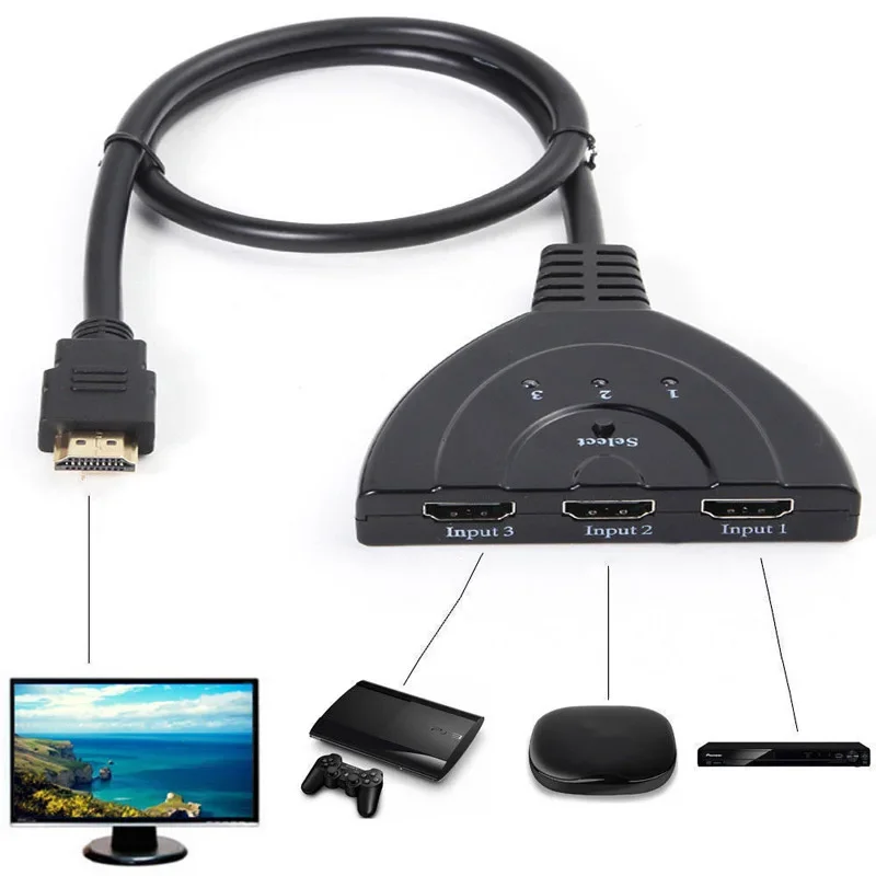 Cabo Divisor Compatível com HDMI, 3 Portas, 4K, HD, 1080p, 3D, Adaptador de TV, 3 Entradas, 1 Saída, Interruptor Automático, Comutador, Hub Box para DVD, HDTV, PS3