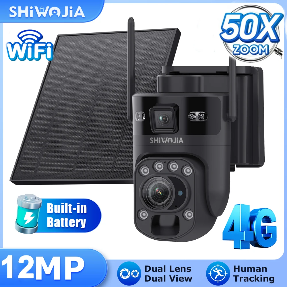 

SHIWOJIA 50X Zoom Solar Security Camera 4G SIM 12MP Outdoor WIFI PTZ Camera Dual Screens Recording Humanoid Tracking Video CCTV