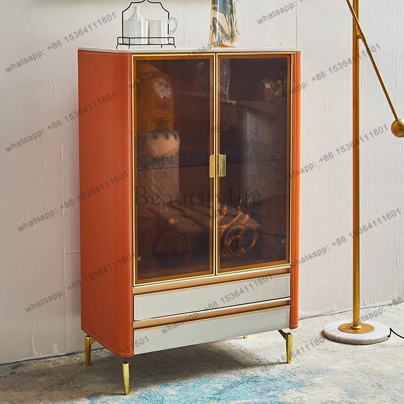 

Modern high-end saddle leather low wine cabinet Modern living room tea cabinet Small apartment glass display cabinet