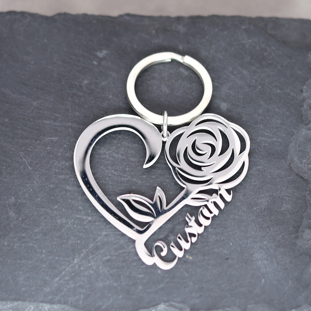 Heart of Rose Personalized Pendant Custom Engrave Name Keychain Men Women Keyring Gift Stainless Steel Jewelry