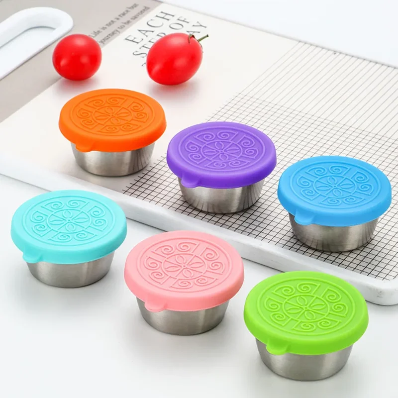 1pc Salad Dressing Container With Leakproof Silicone Lids 40ml Reusable Stainless Steel Condiment Cup For Lunch Box Picnic