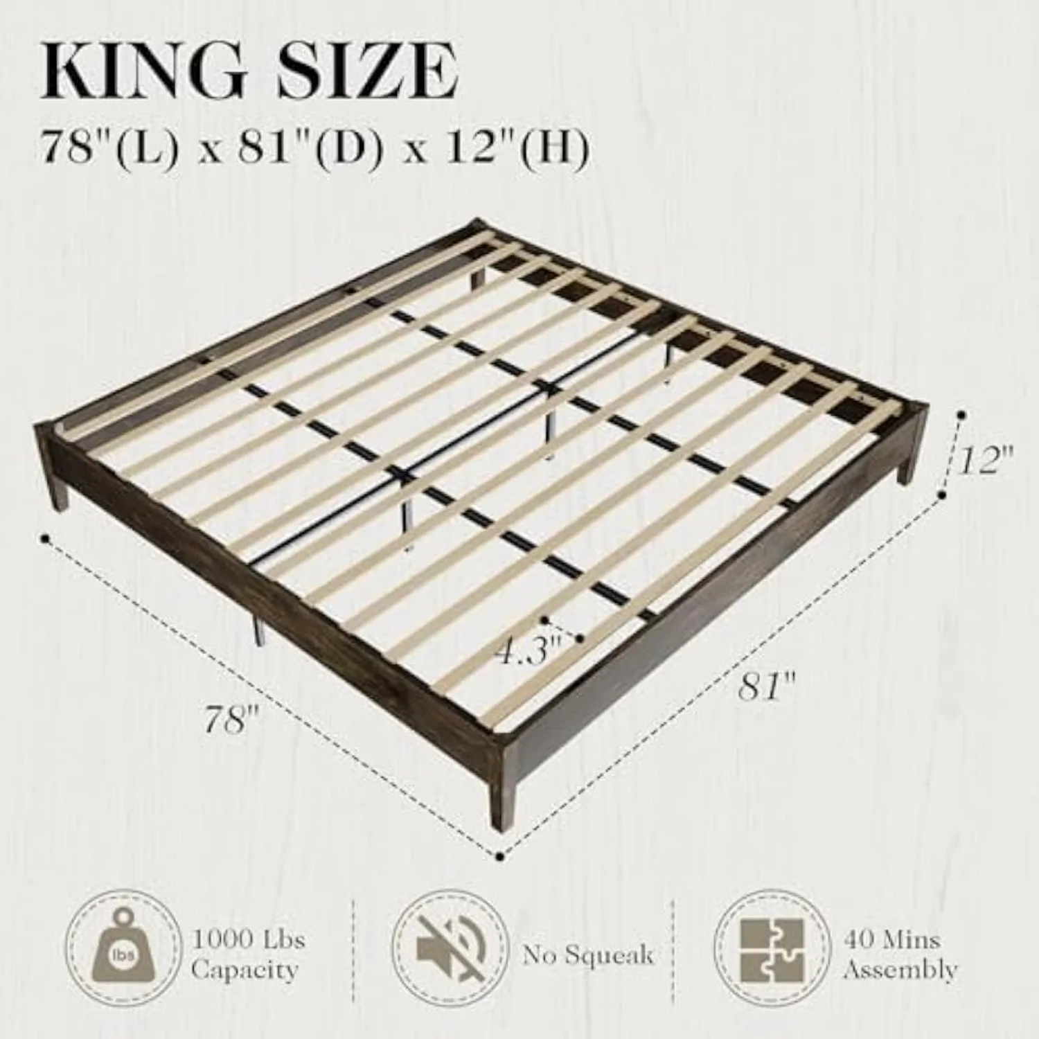 King Solid Wood Bed Frame, Mid Century Platform Bed with No Headboard, No Box Spring Needed/Wood Slat Support/Noise Free